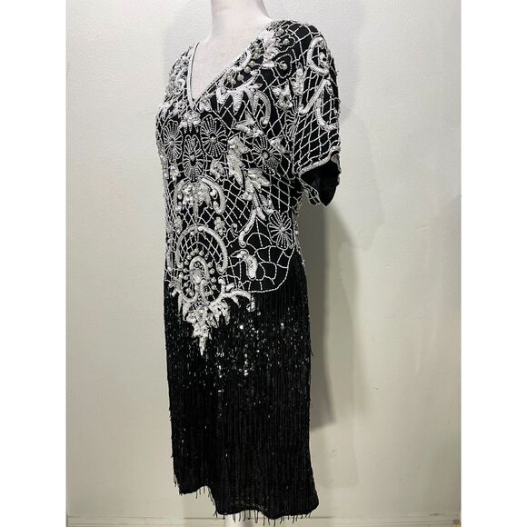 Aweelo maxi dress VTG beaded sequins fringed black white formal women 8-10 M - Picture 3 of 9